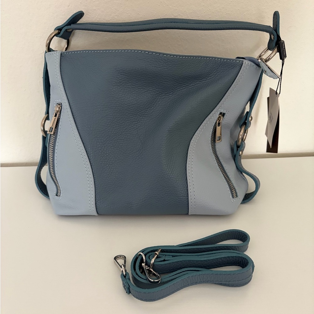 Two-Tone Blue Leatherette Shoulder Bag with Removable Strap